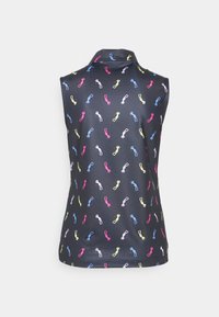 Czarny bezrękawnik polo z zabawnym wzorem składającym się z kolorowych, małych sylwetek kotów w różowym, niebieskim, żółtym i zielonym, na gładkiej tkaninie.