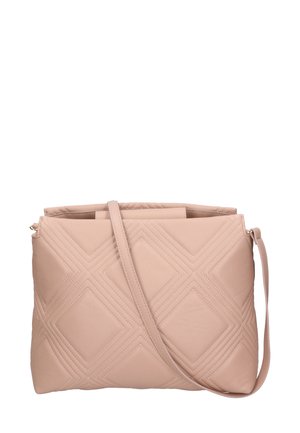 Borsa a tracolla beige trapuntata con motivo a rombi diagonali, dotata di una sola tracolla e chiusura con zip. Realizzata in pelle morbida.