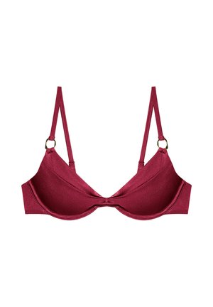 Red satin underwire bra with adjustable thin straps and gold-tone rings on a white background.