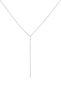 Silver chain necklace with a minimalist design, featuring a thin, elongated bar pendant and delicate links.