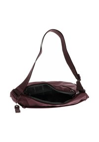 Sac bandoulière violet foncé avec sangle réglable, fermeture éclair partiellement ouverte révélant un intérieur noir avec une poche zippée intérieure et un revêtement de marque.