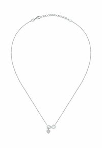 Silberne Halskette mit einer dünnen Kette, die ein Unendlichkeitssymbol und einen herzförmigen Anhänger mit funkelnden Akzenten zeigt.