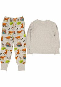 Børnepyjamas med en grå langærmet top og mønstrede bukser med farverige illustrationer af husdyr og traktorer. Fremstillet af bomuldsmateriale.
