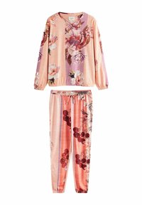 Set de îmbrăcăminte de relaxare florală în nuanțe delicate de roz și lavandă. Are mâneci lungi, manșete elastice și pantaloni asortați cu talie ajustabilă.
