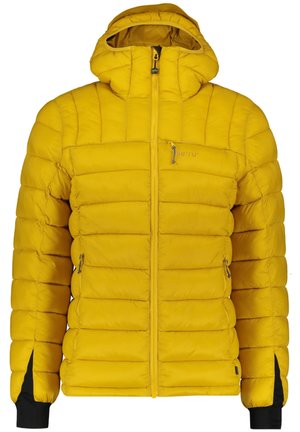 Żółta kurtka puchowa z kapturem, z pikowanymi panelami, zamkiem błyskawicznym z przodu oraz dwoma bocznymi kieszeniami z małymi zamkami. Czarny akcent na mankietach.