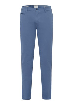 Light blue slim-fit trousers made of cotton, featuring a standard waistband, front pockets, and a single back pocket. Smooth texture, no patterns.