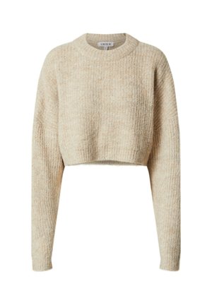 Beiger, kurzer Pullover mit strukturiertem Strickmuster, Rundhalsausschnitt und langen Ärmeln. Weicher Stoff mit lockerer Passform.