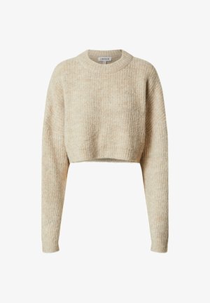 Beige cropped sweater met een textuur gebreide patroon, ronde halslijn en lange mouwen. Zachte stof met een relaxte pasvorm.