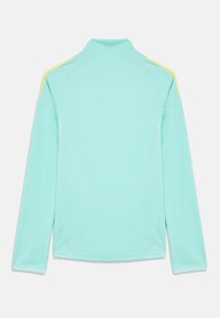 Jachetă sport mint verde cu guler înalt, mâneci lungi și accente galbene pe umeri; textură netedă și design aerodinamic.