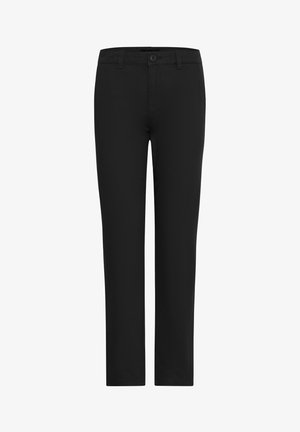 Black trousers with a straight fit, made from smooth fabric. Features a button closure, belt loops, and front pockets.