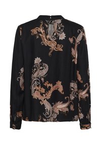Fekete hosszú ujjú blúz barna és bézs paisley virágmintával, gombos mandzsettákkal és egy kis nyílással, hátul gombokkal a nyakkivágásnál.