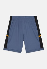 Blå treningsshorts med et svart mesh-sidepanel og en gul aksentstripe. Laget av lett, pustende materiale. Elastisk midjebånd.
