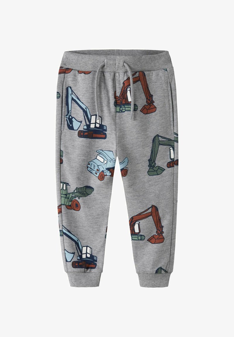 Grijze joggingbroek met een speels patroon van bouwvoertuigen in rood, blauw, groen en zwart. Elastische tailleband met verstelbaar trekkoord.