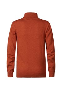 Maglione a collo alto lavorato a maglia di un caldo colore arancione. Presenta maniche lunghe, collare, polsi e orlo a coste, con una superficie liscia.