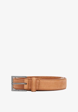 Tan leather belt with a smooth finish, featuring a silver metal buckle and contrasting stitching along the edges. Simple and functional design.