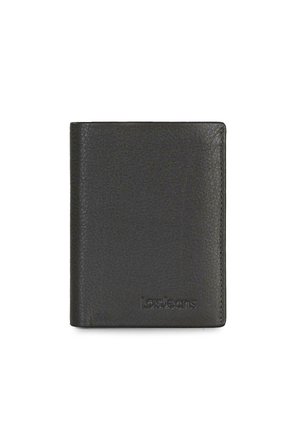 Cartera de cuero negra con superficie texturizada, diseño de dos pliegues, esquinas redondeadas y logo en relieve en la parte frontal. Estilo minimalista y sin adornos.