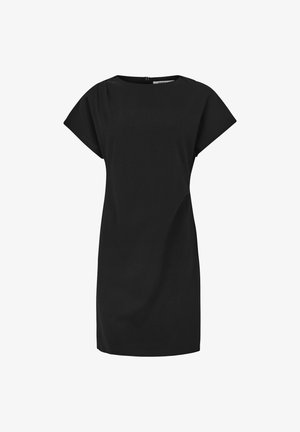 Czarna sukienka z okrągłym dekoltem, krótkimi rękawami i lekko rozkloszowanym krojem. Wykonana z gładkiego materiału z zamek błyskawicznym z tyłu.
