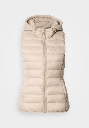 Beige puffer vest with a hood, featuring a front zipper and horizontal quilted pattern. Soft, smooth texture and no external pockets.