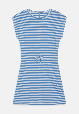 Blau-weiß gestreiftes Kleid mit kurzen Ärmeln, rundem Ausschnitt und verstellbarem Taillengürtel.