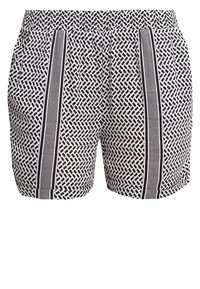 Černobílé šortky se vzorem, elastickým páskem a vertikálními pruhy po stranách. Vyrobené z lehkého materiálu.