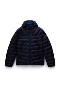 Granatowa kurtka puchowa z kapturem, z zamkiem z przodu, dwoma bocznymi kieszeniami oraz wzorem w zygzak. Podszewka z niebieskiego materiału.