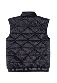 Gilet trapuntato nero con motivo a diamante, texture lucida, colletto alto e vita elastica con logo "BUGATTI" in grigio.
