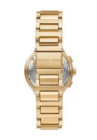 Kultainen metallikello, jossa on linkitetty ranneke. Varustettu pyöreällä hopeisella kellotaululla ja kaiverrettuna "MICHAEL KORS" lukossa. Suuntaviivainen, tyylikäs viimeistely.