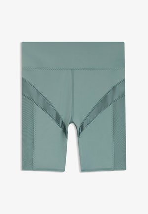 Lichtblauwe sportshorts van rekbaar materiaal, met verticale en diagonale panelen, een naadloze tailleband en gestructureerde accenten.