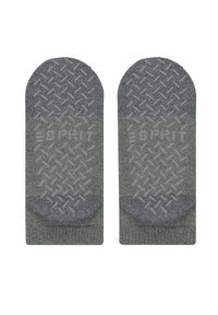 Chaussettes de crew grises avec un fond texturé, présentant un motif en chevrons et des éclats multicolores subtils, étiquetées "ESPIRIT."