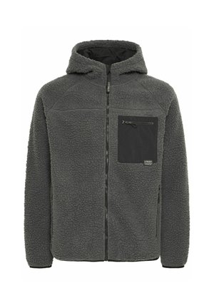 Fleecejacke in Dunkelgrau mit weicher Textur, Kapuze, durchgehendem Reißverschluss und einer schwarzen Brusttasche mit Reißverschlussdetails. Mit Kontrast-Nähten.