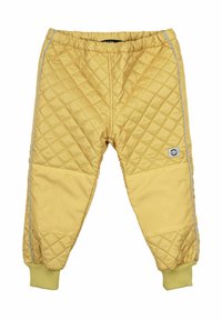 Gesteppten gelben Hosen mit Rautenmuster, elastischem Taillenbund und Bündchen. Verfügt über weiße Seitenstreifen und ein Logo am Unterschenkel.