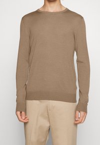 Brauner Pullover mit langen Ärmeln aus weichem Strickmaterial. Rundhalsausschnitt, enganliegende Bündchen und ein dezentes Logodetail am Saum. Glatte Textur.