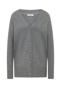 Cardigan grigio con scollo a V, orlo a coste e sei bottoni. Presenta una texture morbida e maniche lunghe. Etichetta del marchio: CECIL.