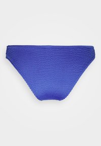 Fundo de bikini azul com um padrão texturizado em riscas, apresentando um design de cobertura média e uma cintura elástica. Sem embellishments.