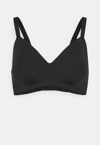 Crna bralette u mekom, rastezljivom materijalu s v-izrezom. Podesive naramenice i suptilan logo na traci. Glatki, minimalistički dizajn.
