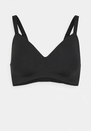 Čierna bralette z mäkkého, elastického materiálu s výstrihom do V. Nastaviteľné ramienka a diskrétne logo na bande. Hladký, minimalistický dizajn.