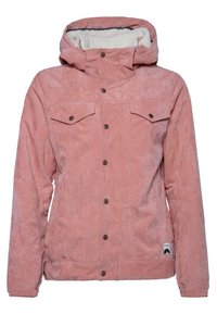 Rosa Cordjacke mit einem fleecegefütterten Kapuzen, zwei Brusttaschen, Druckknopfverschluss und einer weichen Textur. Enthält ein Etikett in der unteren linken Ecke.