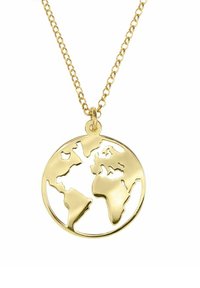 Collar de oro con un diseño de globo recortado que resalta los continentes. Cadena unida con un acabado suave y pulido.