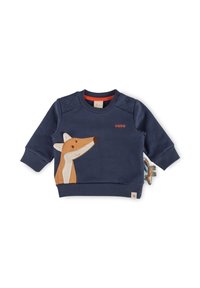 Felpa blu navy con applicazione di una volpe, dettagli strutturati sulle spalle e bottoni a pressione, con un giocattolo giocoso attaccato all'orlo.