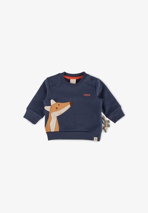 Navy blue sweatshirt featuring a fox appliqué, textured shoulder details, and snap buttons, with a playful toy attached at the hem.