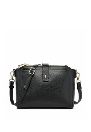 Czarna torebka na ramię z teksturowanej skóry z regulowanym paskiem, złotymi elementami, przednią kieszenią i zamkiem błyskawicznym.