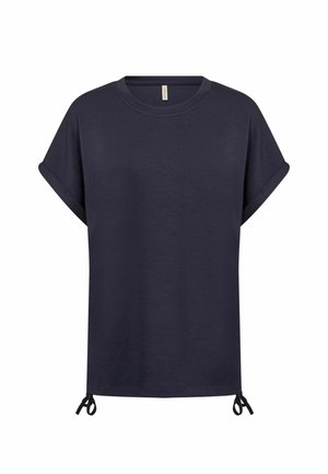 Mørkeblå T-shirt med korte ærmer, opsmøgede manchetter og justerbare snore ved sømmen på begge sider.