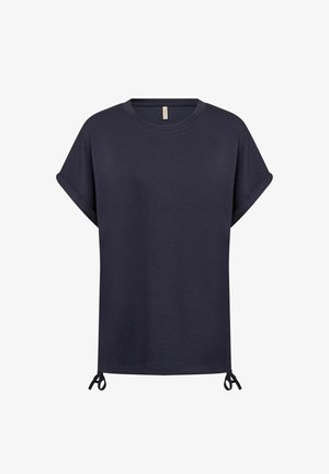 Dunkelblaue T-Shirt mit kurzen Ärmeln, umgeschlagenen Bündchen und verstellbaren Kordelzügen am Saum auf beiden Seiten.