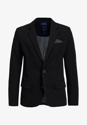 Blazer texturizado negro para hombre con dos botones, solapa con muesca, bolsillos con solapa y forro interior a rayas con pañuelo de bolsillo a juego.