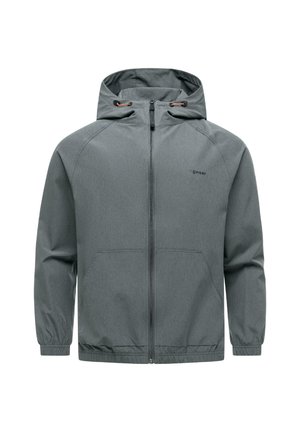 Graue Kapuzenjacke mit durchgehendem Reißverschluss, elastischen Bündchen und Kängurutaschen, vor weißem Hintergrund dargestellt.