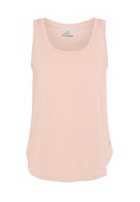 Ljust rosa ärmlös topp med rund halsringning, mjukt tyg och en något krökt nederkant. Har en liten logotypdetalj nära botten.