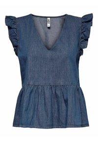 Haut sans manches bleu denim avec col en V, épaules à volants et taille peplum froncée, étiquette JDY taille 34.
