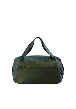 Borsa a tracolla verde in materiale nylon bicolore, dotata di manici superiori, tasca frontale con zip e logo impresso vicino alla base. Texture liscia in tutto il suo corpo.