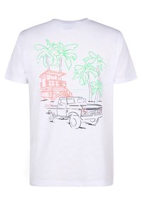 T-shirt in cotone bianco con un design grafico di palme, una torre di salvataggio arancione e un pickup nero sul retro.