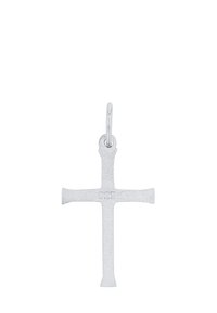 Silberne Kreuzanhänger, strukturierte Oberfläche, minimalistisches Design, gekennzeichnet mit "925". Verfügt über eine kleine Schlaufe zur Befestigung an Schmuck.